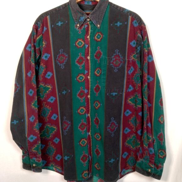 Unknown, missing tag Other - Vintage Chamois Shirt Men Large Southwest Geometric Maroon Green Western Flannel